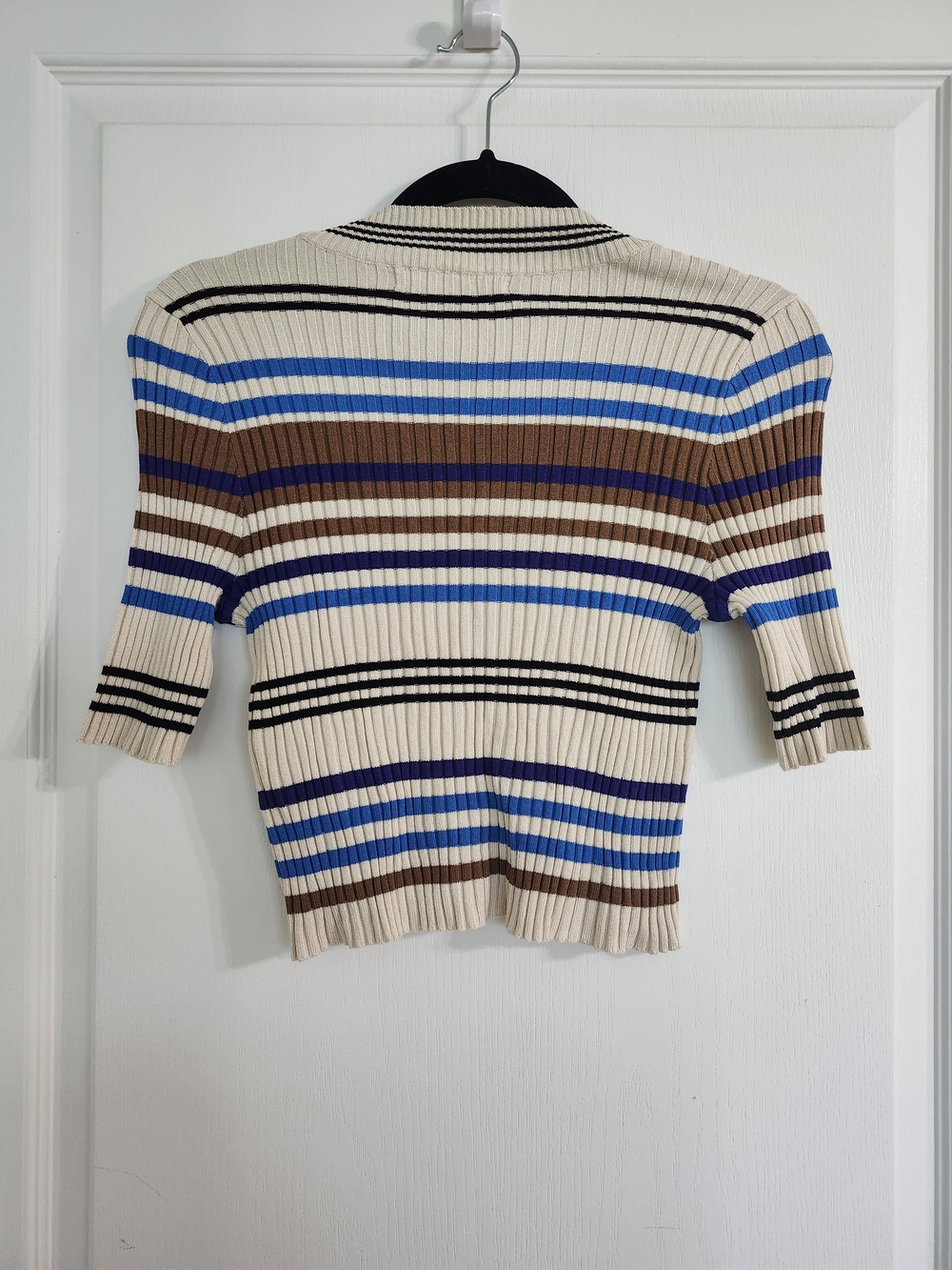 Only Ribbed Crewneck Top in Cream, Blue & Brown Stripes - Picture 5 of 5
